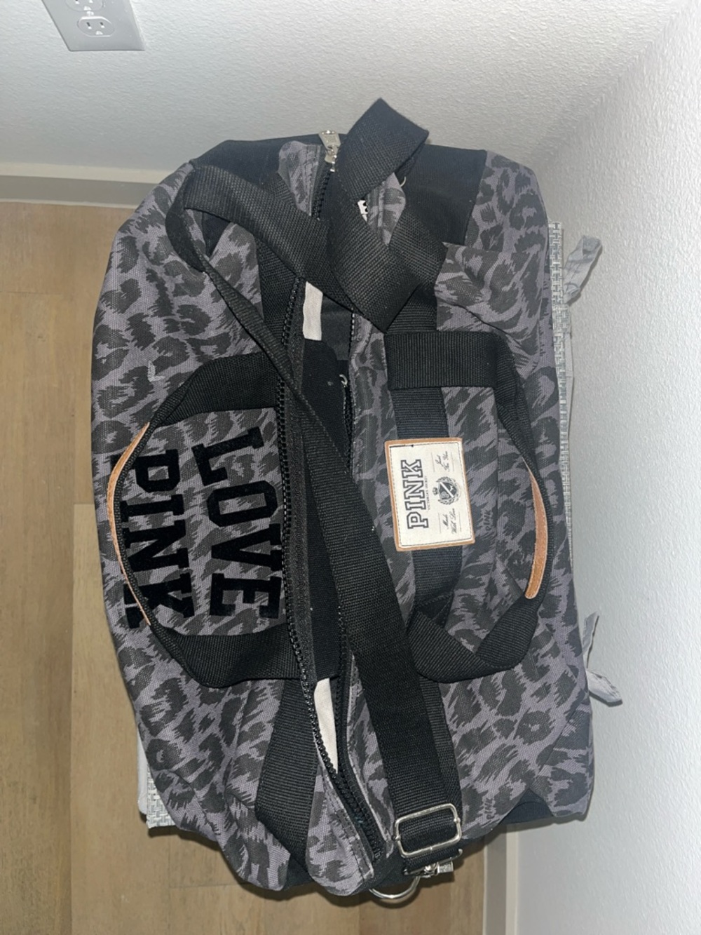 PINK Victoria's Secret Gray Leopard Print Duffle with Black Logo
